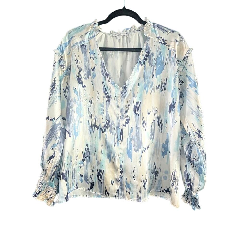 Koko Mason Blouse Womens S Satin V Neck Ruffles Button Watercolor